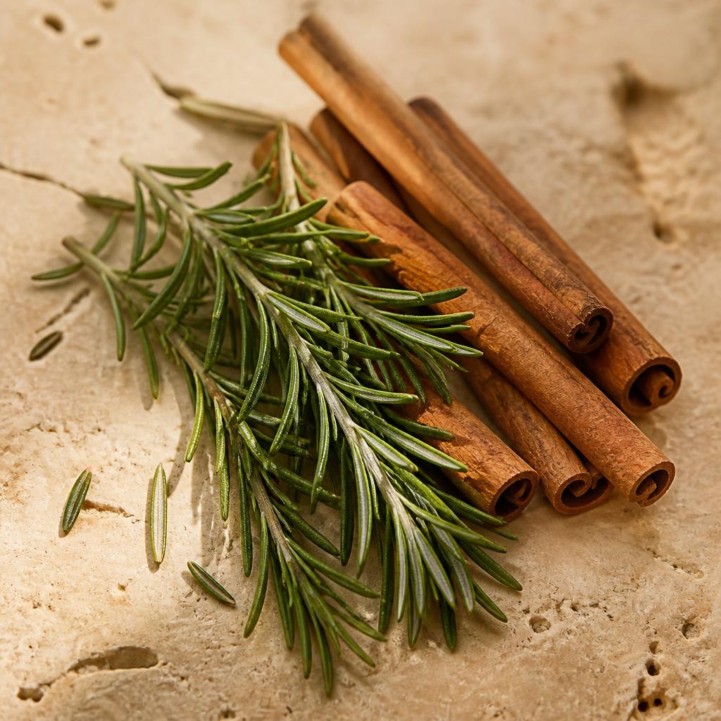 Fresh rosemary and cinnamon sticks on a warm stone surface