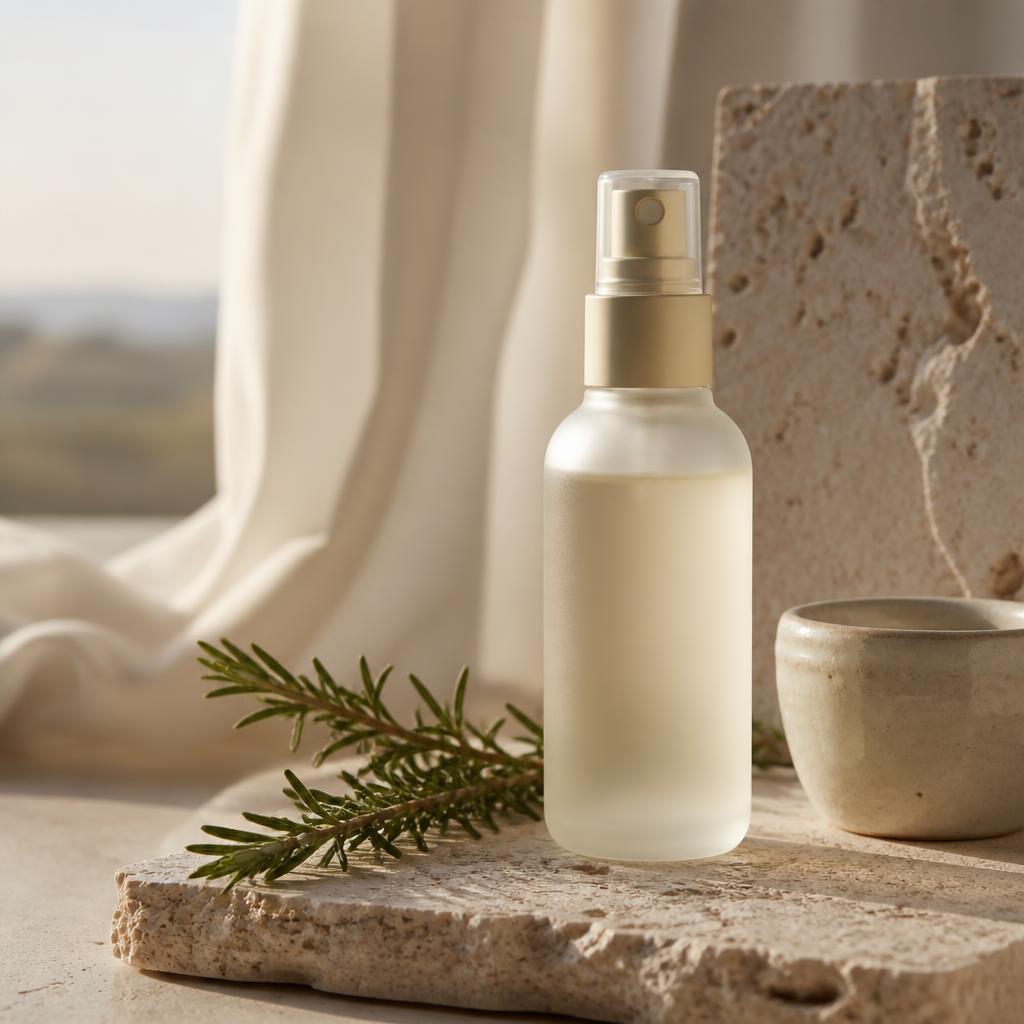 A frosted scalp mist bottle beside rosemary on travertine in morning light