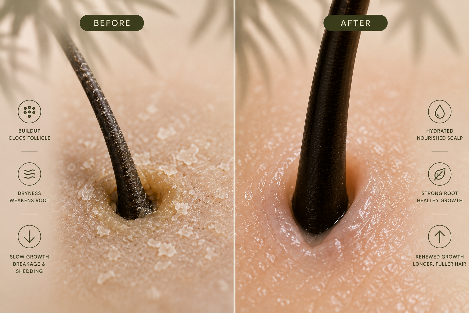 Before and after scalp comparison showing hydrated, nourished results