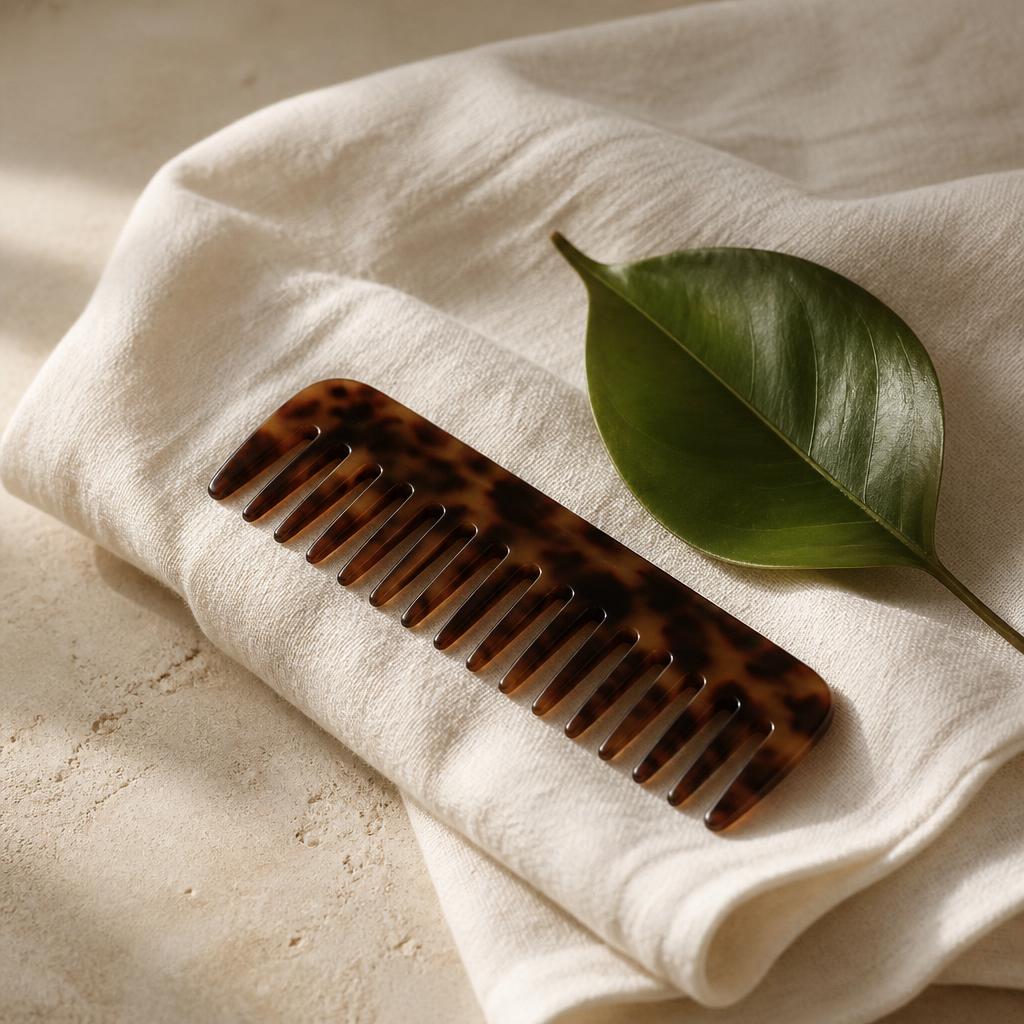 A tortoiseshell comb and green leaf resting on folded linen